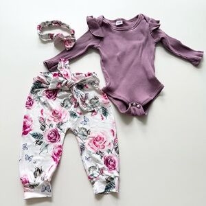 Purple Ruffled Baby Bodysuit and Floral Pants set with headband and belt